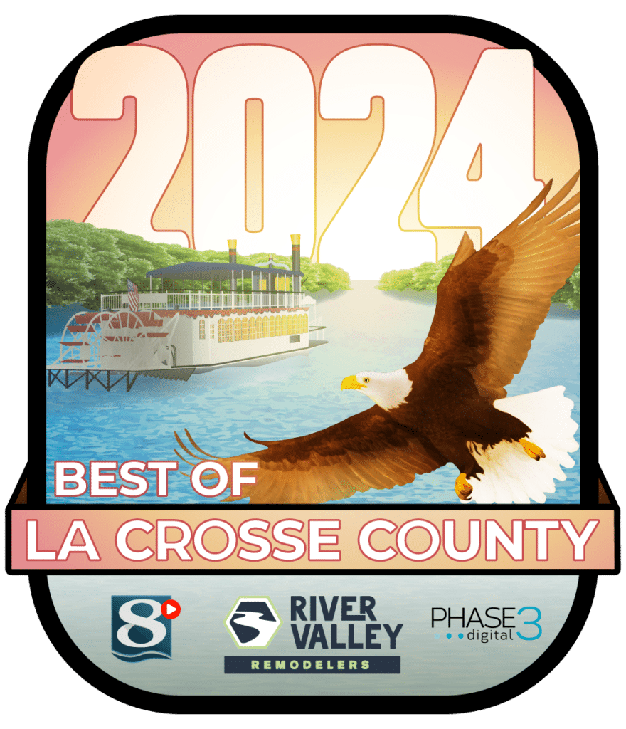 A digital badge for 'Best of La Crosse County 2024,' awarded to top businesses in the region. The design features a steamboat on a river, a bald eagle in flight, and a sunset background. The text 'Best of La Crosse County' is prominently displayed, along with logos for News 8, River Valley Remodelers, and Phase 3 Digital. Good As New Carpet Cleaning received this award for excellence in carpet cleaning.